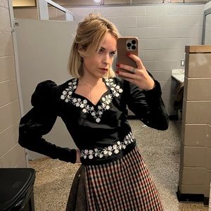 Batsheva Ines Cropped Embroidered Satin Blouse